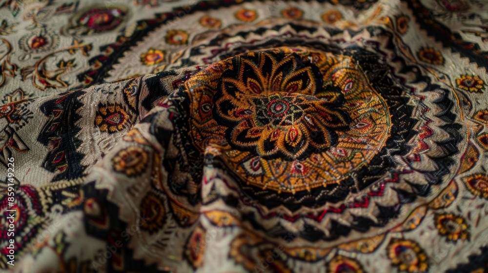 Poster an intricately patterned afghan blanket whirling in a circle its delicate threads reflecting the lig