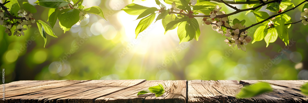 Aufkleber empty wood table top and blurred green tree in the park garden background - can used for display or 