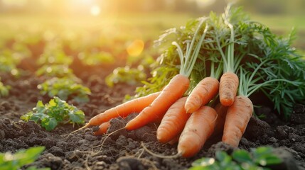 A bunch of freshly harvested, bright orange carrots shown in a sunlit garden setting, depicting the freshness, vibrancy, and healthiness of homegrown vegetables.