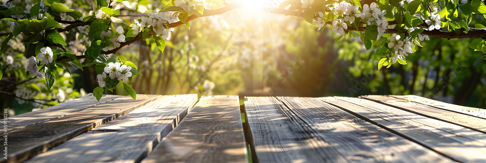 Aufkleber empty wood table top and blurred green tree in the park garden background - can used for display or 