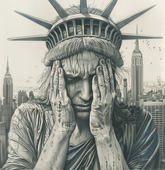 Obraz premium Close up of sad and depressed Statue of Liberty head, illustration effect