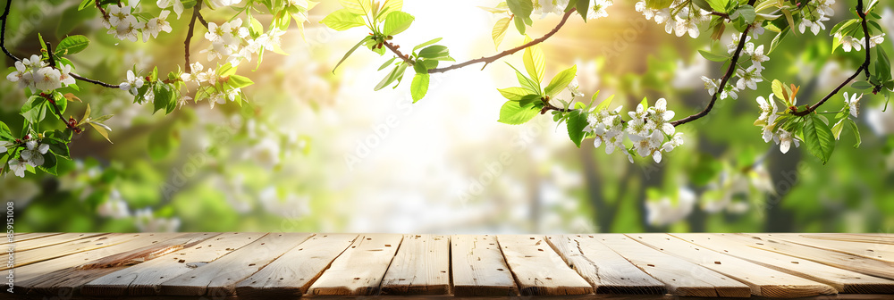Poster empty wood table top and blurred green tree in the park garden background - can used for display or 