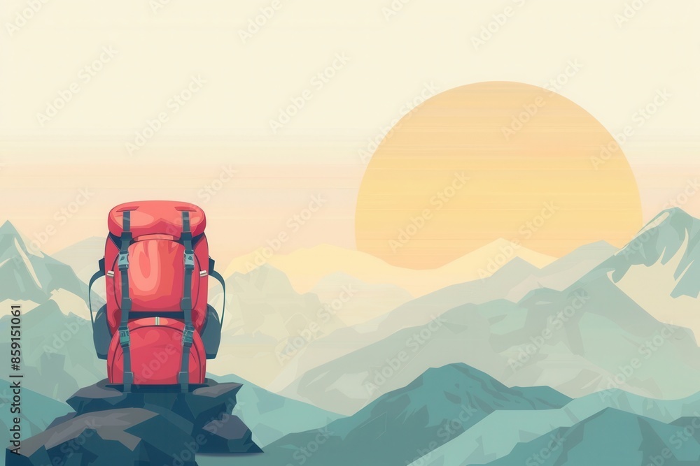 Poster a stylized image of a red backpack resting on a mountain peak as the sun sets in the background. gen