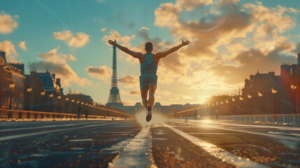 Caucasian champion celebrating a victorious moment at the Olympics. Paris skyline at background with eiffel tower.