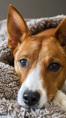 A brown and white dog is laying on a blanket in the bedroom