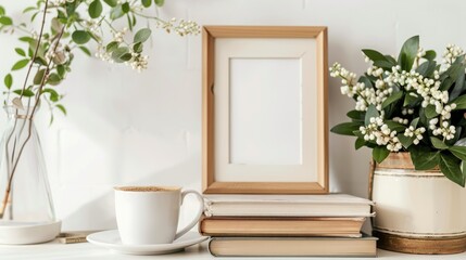 Wooden frame books coffee flowers on white table Space for text