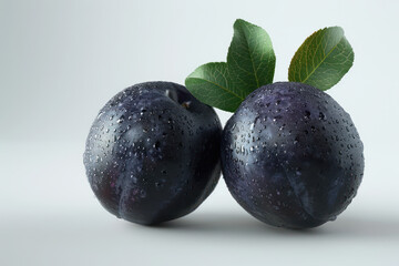 Fresh and Juicy Black Plums with Leaves Isolated on a White Background, Covered in Dew for a Refreshing and Healthy Snack, Perfect for Delicious Fruit Recipes and Healthy Eating