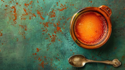 French dessert of Creme brulee served in a rustic dish with a spoon on green backdrop Overhead shot of caramelized custard with burnt sugar topping