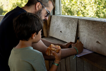 Father and son recording bird sightings in a hide
