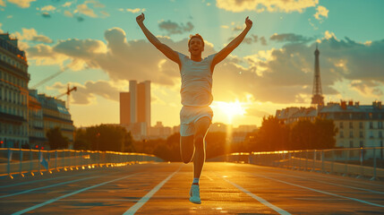 Caucasian athlete celebrating a hard-earned victory at the Olympic Games. Paris street