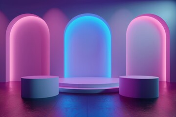 Neon Lit Stage with Three Circular Platforms