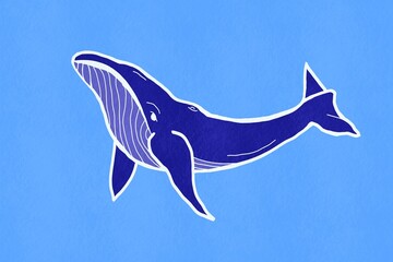 Simplistic blue illustration of a feeding whale on a plain background