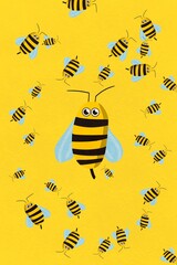 Colorful illustration of whimsical bees on a yellow background