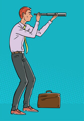 Man looks through a telescope. Business strategy and forecast. Forecasting and success. Cartoon vector color illustration. Pop art style. Hand drawn outline