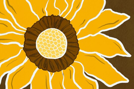 Abstract sunflower illustration in bold yellow and brown tones