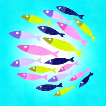 Vibrant school of paper fish in gradient formation