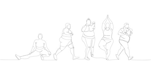 body positive fitness set, sport for curvy ladies one line art. Continuous line drawing of body positive, overweight, plus size model, XL, health, fashion, self acceptance.