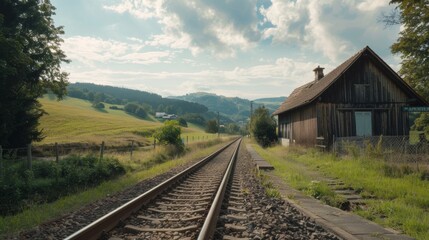 A rustic train stop surrounded by rolling hills and green fields.