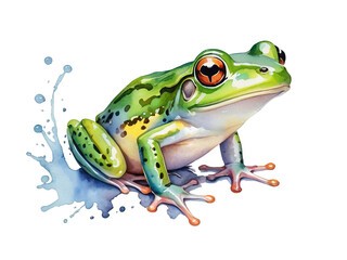 Obraz premium Green frog. Paint with water splashes of paint. Vector illustration. Isolated transparent background