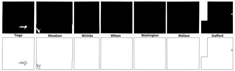 Wallace, Washington, Wilson, Wichita, Woodson, Trego and Stafford County, Kansas (U.S. county, United States of America, USA, U.S., US) map vector illustration, scribble sketch map