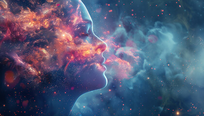 double exposure portrait of a beautiful young woman and colorful sky space clouds