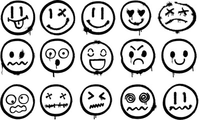 Set of Grunge Spray Painted Emoticons, Urban Street Art Style, Spray smile faces