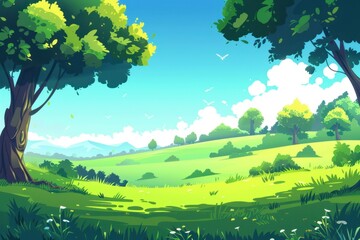 A Sunny Meadow with Lush Greenery and Distant Mountains