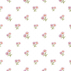 Seamless Pattern of Hand Darwn Flower Design on White Background with Pink Dots