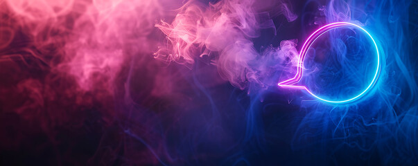 Obraz premium A vibrant neon speech bubble glows brightly amidst a smoky, abstract background. 
