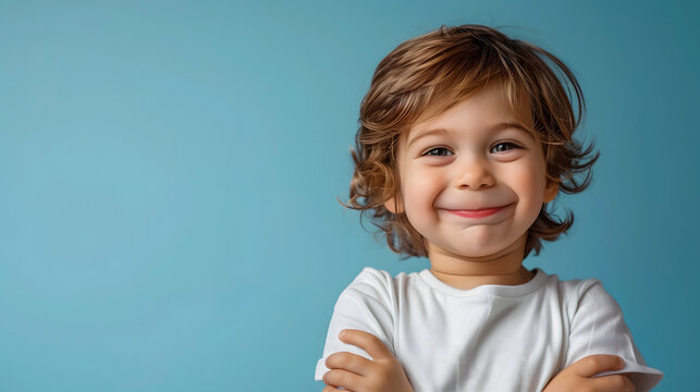 Primer plano de un ni&ntilde;o feliz sobre fondo azul