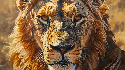 Naklejka premium Male lion from the Kgalagadi desert facial portrait in fine art. Panthera leo. 