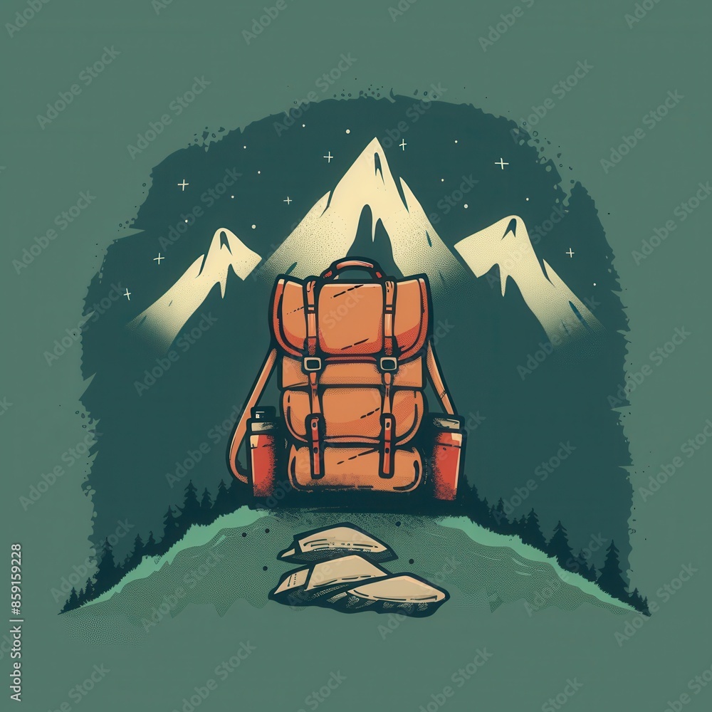 Poster minimalist illustration of a stylized backpack in front of a mountain range at night. generative ai