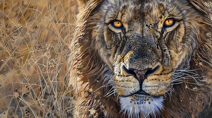 Male lion from the Kgalagadi desert facial portrait in fine art. Panthera leo. 