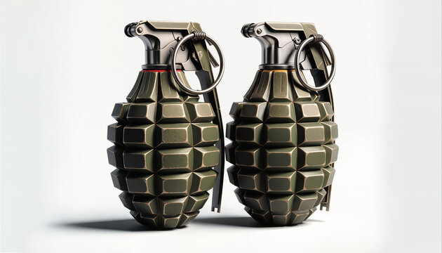 Two military-style hand grenades with intricate design and metallic components on a white background.