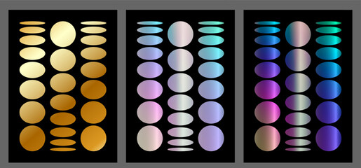 Set of bright vertical glowing gold posters, backgrounds with holographic metallic effect. Trendy wallpaper of modern design Y2k for flyers, websites, covers, brochures, presentations. Vector EPS10