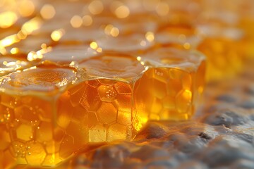 Close-up of Glowing Honeycomb Structure - Natural Sweetness, Golden Texture, Bee Honey