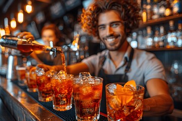 Bartender Serving Cocktails in a Lively Bar Setting Ideal for Drink Concepts and Event Promotions