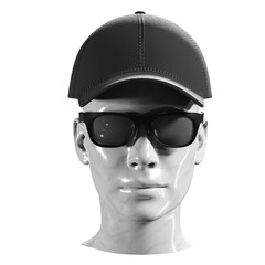 Black baseball caps mockup and sunglasses are worn on a marble mannequin. Front view, 3D render