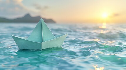 Obraz premium Paper ship floating in the sea, Beautiful waves ripple background. unusual travel concept, Paper boat sailing on blue water surface, Sun set, Copy Space, generative 
