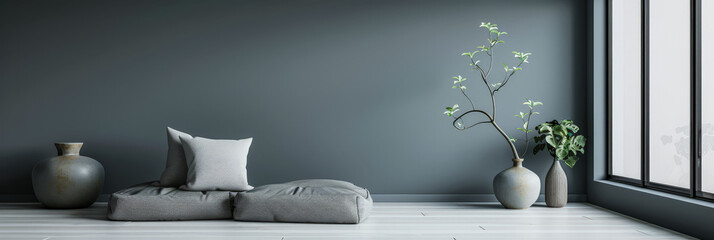 Minimalist room interiors in grey and neutral tones with natural window lighting. Luxury Real Estate interior design composition with copy space.