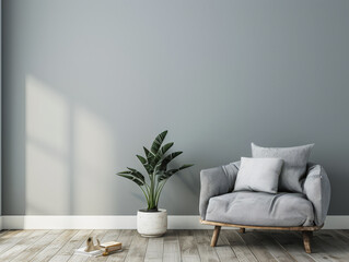 Minimalist room interiors in grey and neutral tones with natural window lighting. Luxury Real Estate interior design composition with copy space.