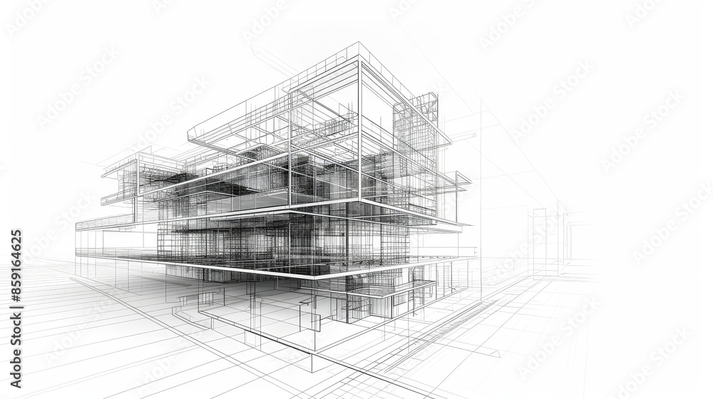 Poster 3d modeling wireframe architecture: a 3d illustration showcasing a wireframe model of architectural 