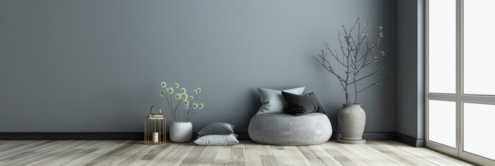 Minimalist room interiors in grey and neutral tones with natural window lighting. Luxury Real Estate interior design composition with copy space.