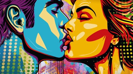 A colorful pop art style kiss between a man and a woman. Creative retro popart love concept design.