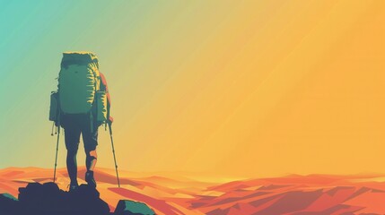Naklejka premium A simple illustration of a backpacker standing on a rocky outcrop, silhouetted against a sunset over a desert landscape. Generative AI