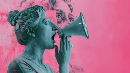 Plaster statue head in pop art style pink setting and emotional fashion young woman screaming like in megaphone holding hands near her face with open.