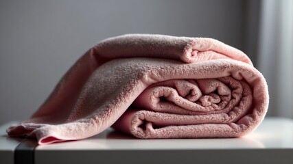 Obraz premium stack of pink towel on white table and plain background with dramatic lighting