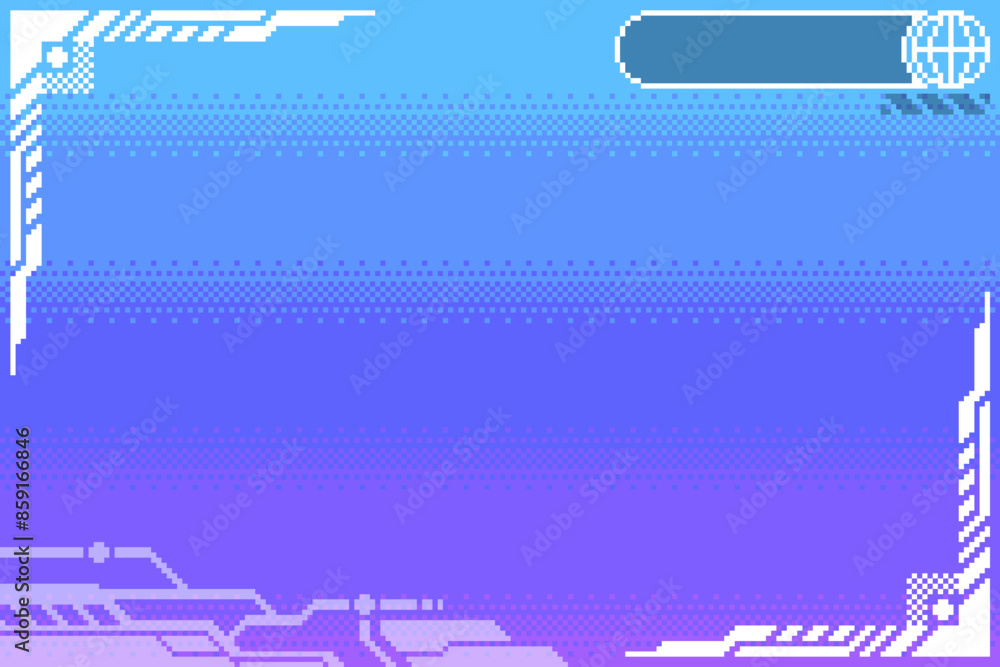Poster blue dithered gradient background with pixel art styled futuristic interface frame