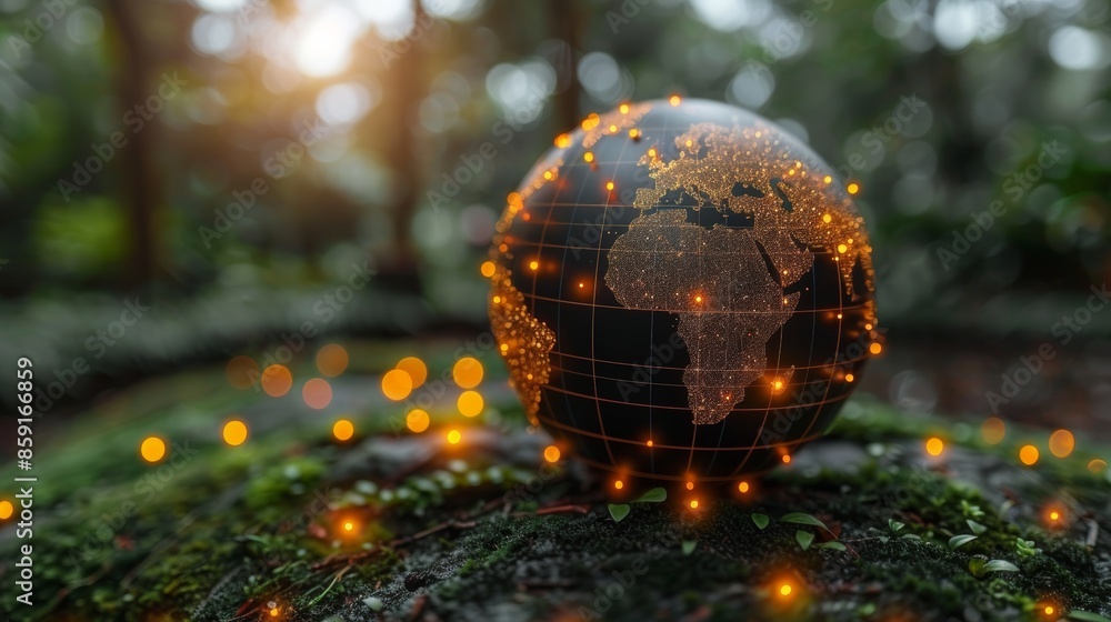 Aufkleber global network technology on a digital world map globe