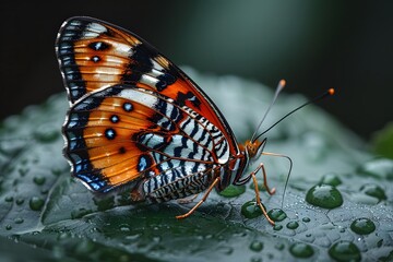 Fototapeta premium Vivid Butterfly Resting on a Dew-Kissed Leaf - Nature, Insect, Colorful Wings for Wall Art or Print Design